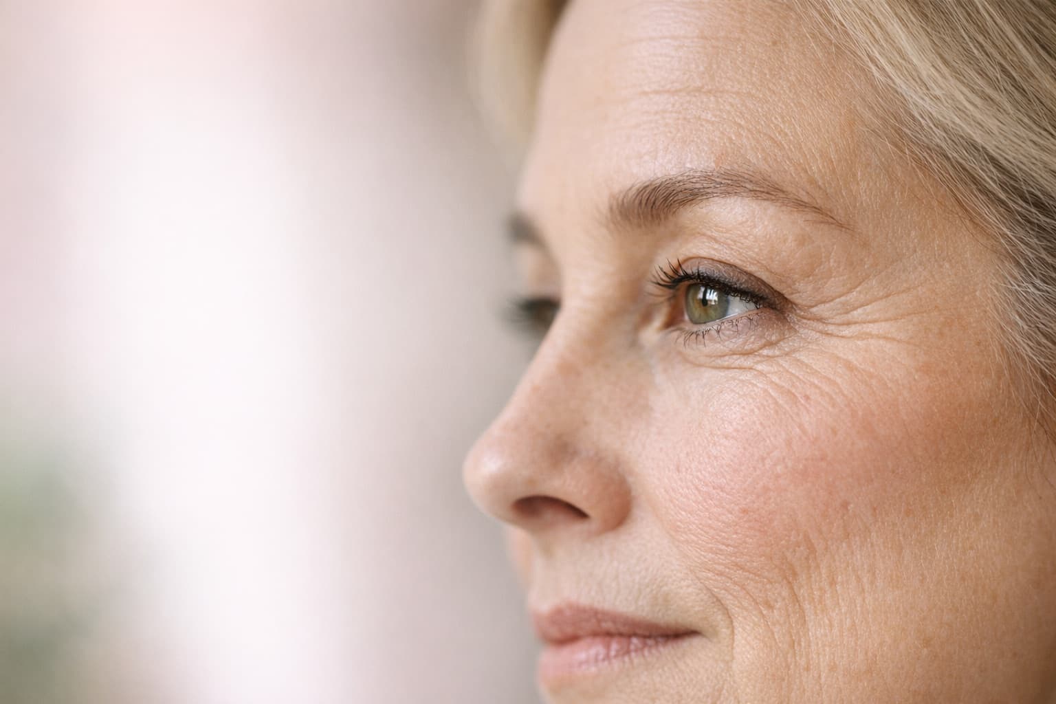 A woman's face in profile in soft daylight, expression lines at the outer corner of the eye