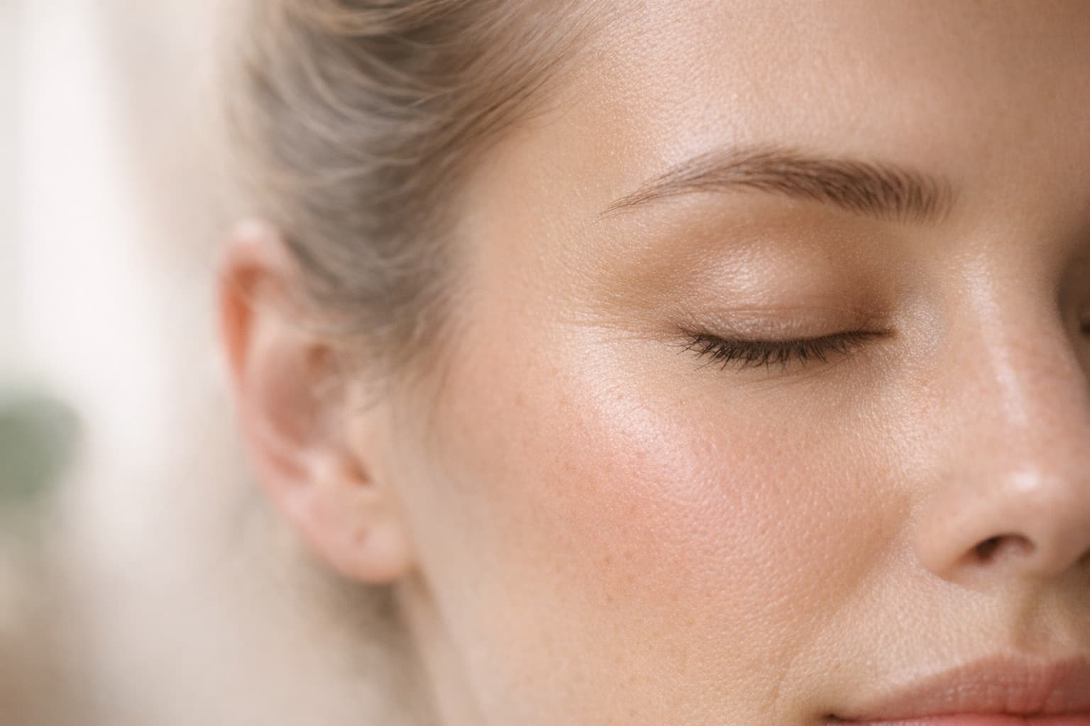 A close view of a face in daylight, eyes closed, tone even across the cheek and temple