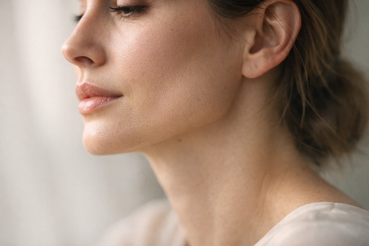 A woman's face in profile in daylight, the cheek and jawline in focus