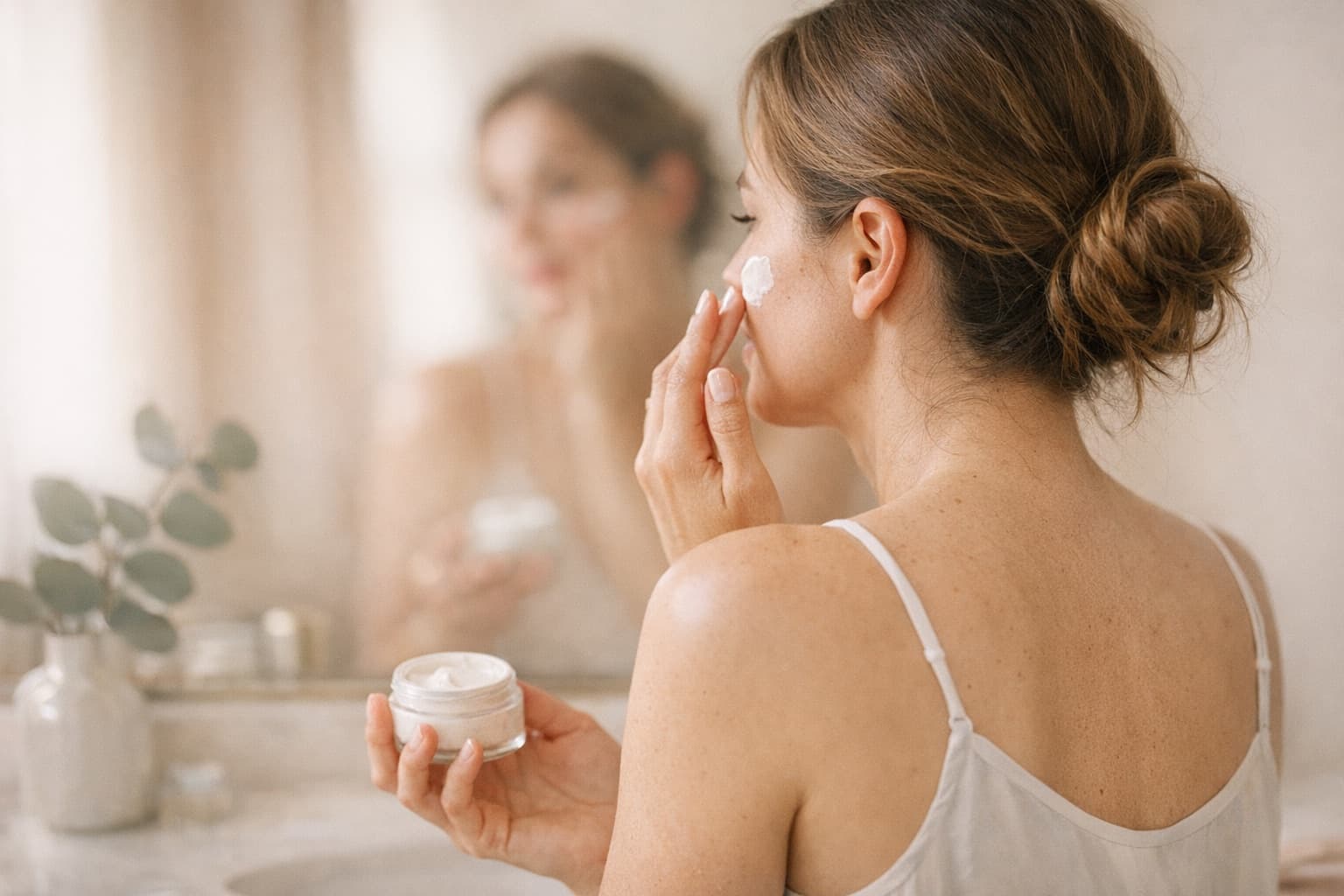 A woman applying cream to her cheek at a mirror, a jar in her other hand