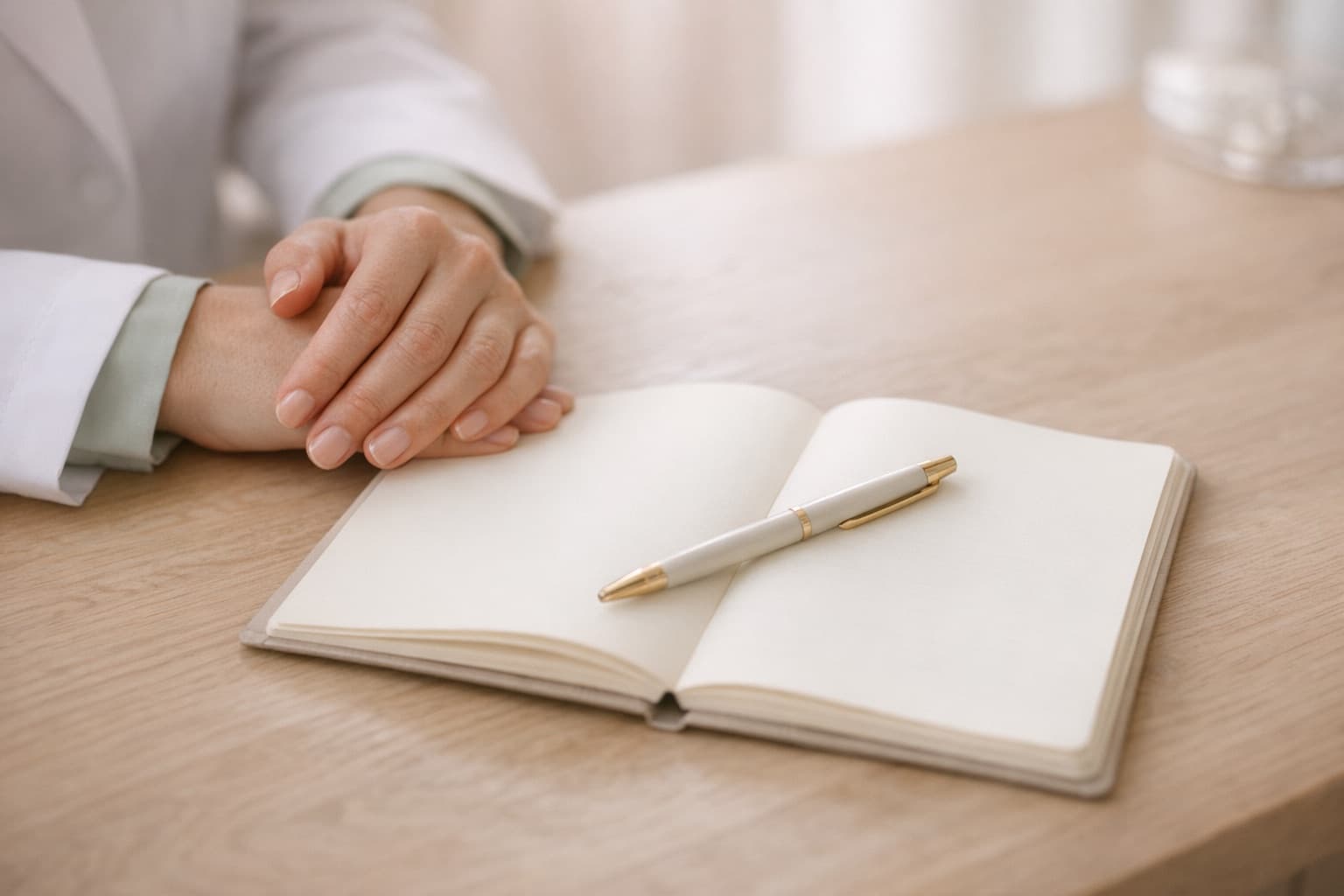 A practitioner's hands resting beside an open notebook and pen on a consulting-room table