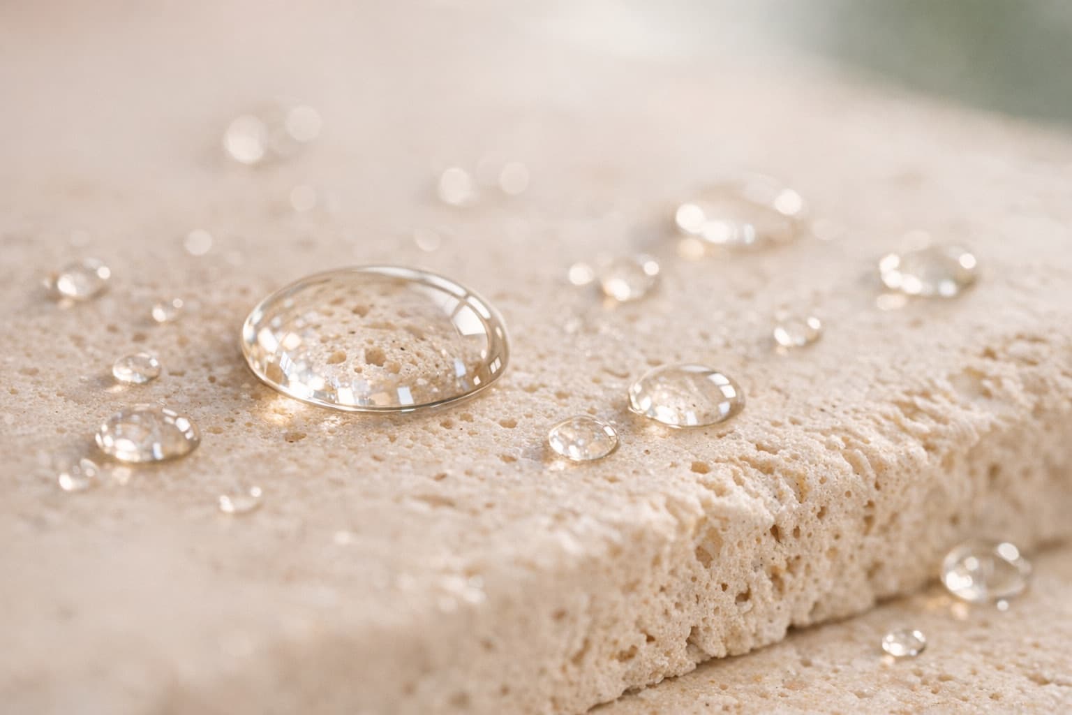Water beading on a porous stone, photographed close and in raking light