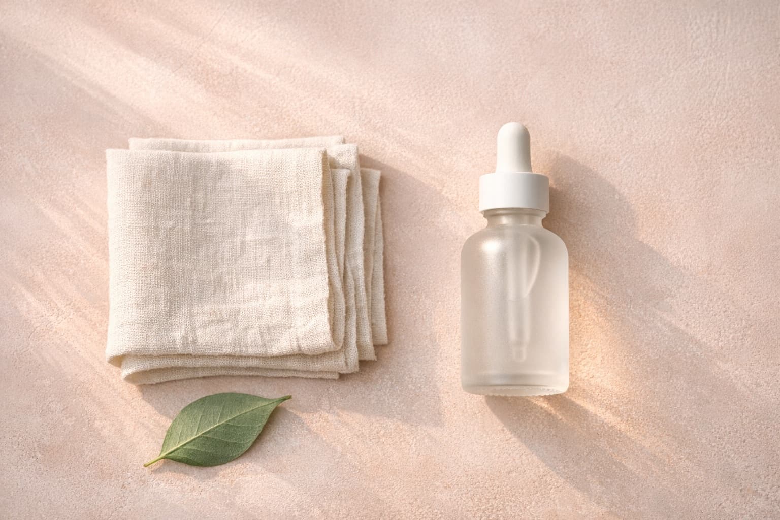 Folded linen cloths, a leaf and a frosted glass dropper bottle on plaster