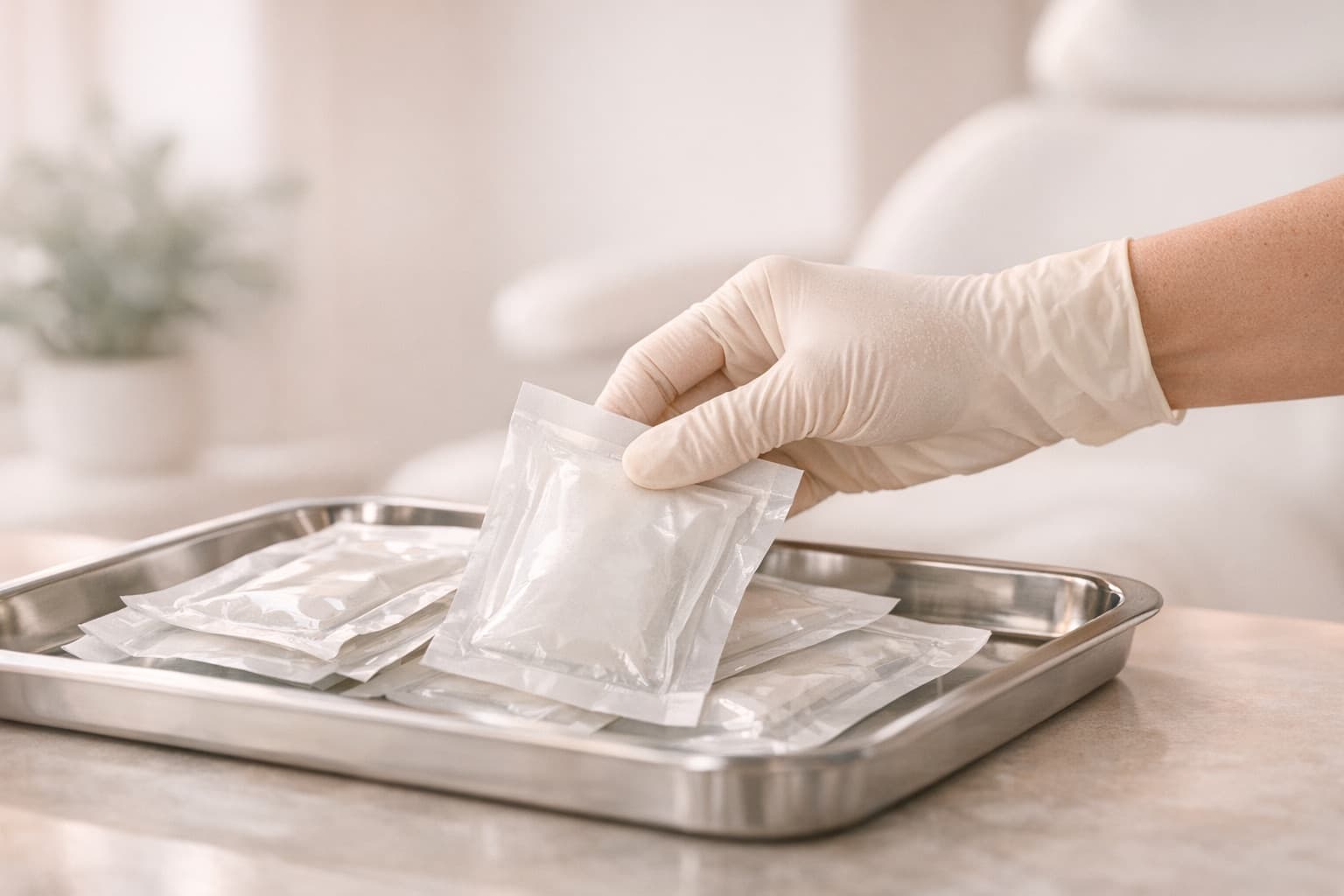 A gloved hand lifting a sealed single-use instrument pack from a steel tray in a treatment room