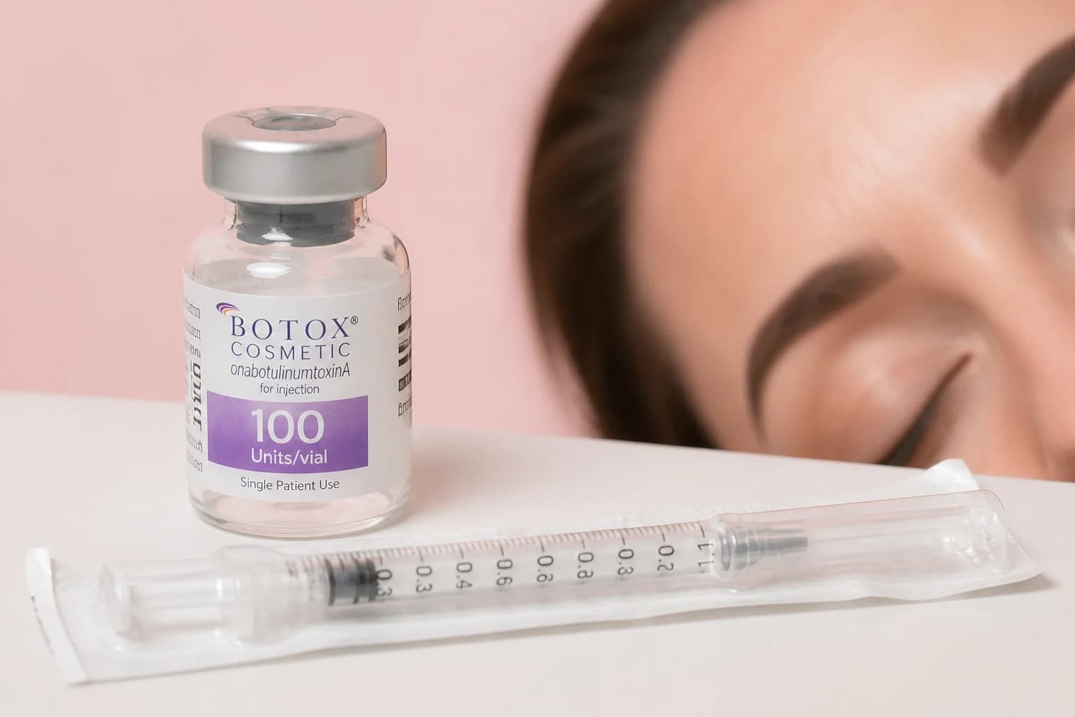 Illustrative treatment photography: Botox vial and clinical syringe on a blush-pink treatment tray