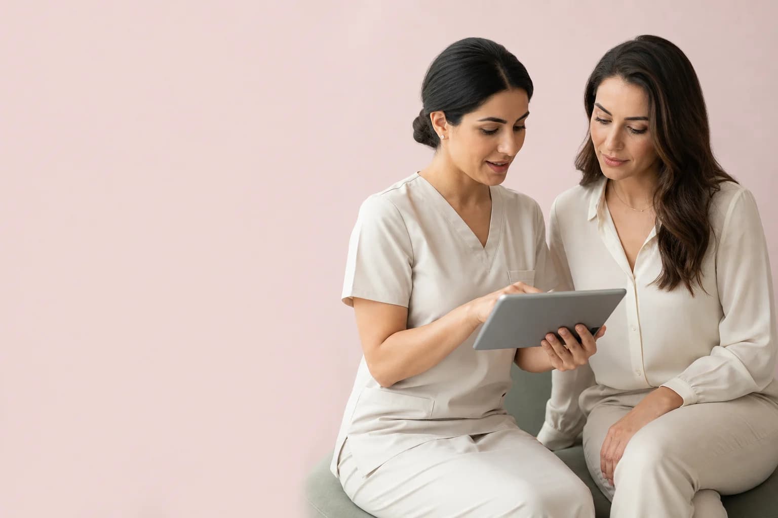 Illustrative campaign portrait of a clinician and client reviewing a plan