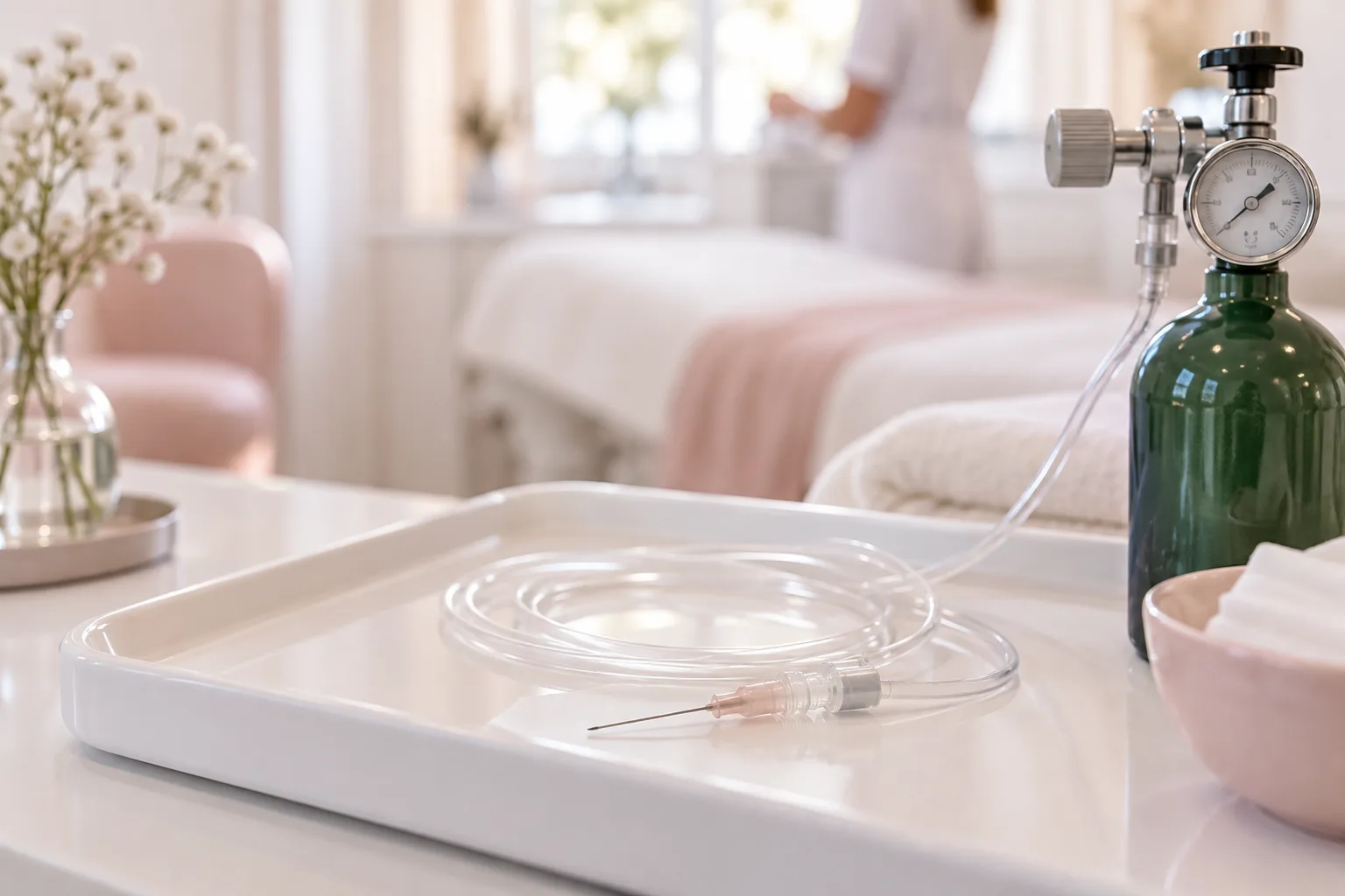 Illustrative treatment photography: Carboxytherapy tubing and a fine needle beside a small medical gas cylinder