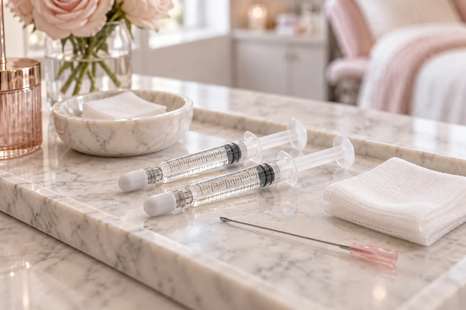 Illustrative treatment photography: Hyaluronic acid filler syringes on a marble tray with a sterile cannula