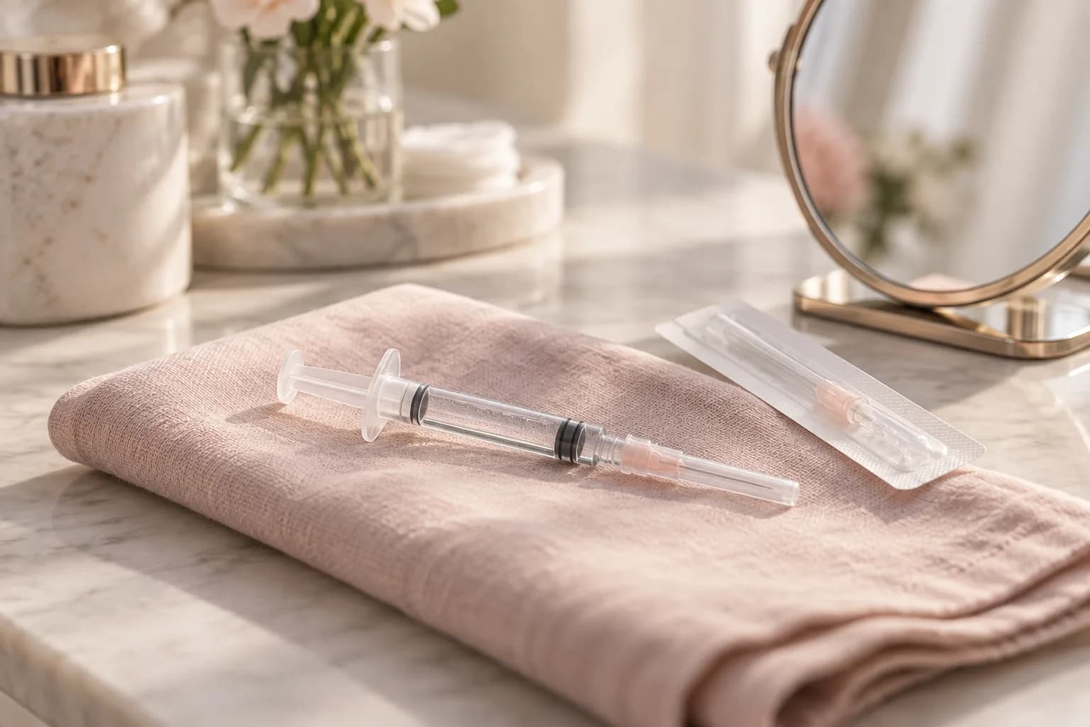 Illustrative treatment photography: A hyaluronic acid filler syringe on folded linen beside a small mirror