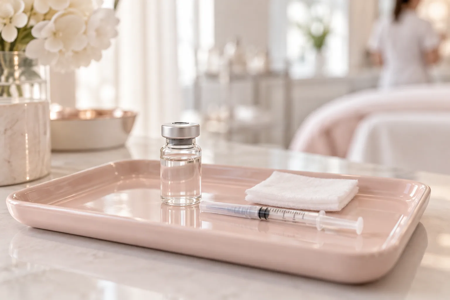 Illustrative treatment photography: A small medical vial and a capped syringe on a blush ceramic tray