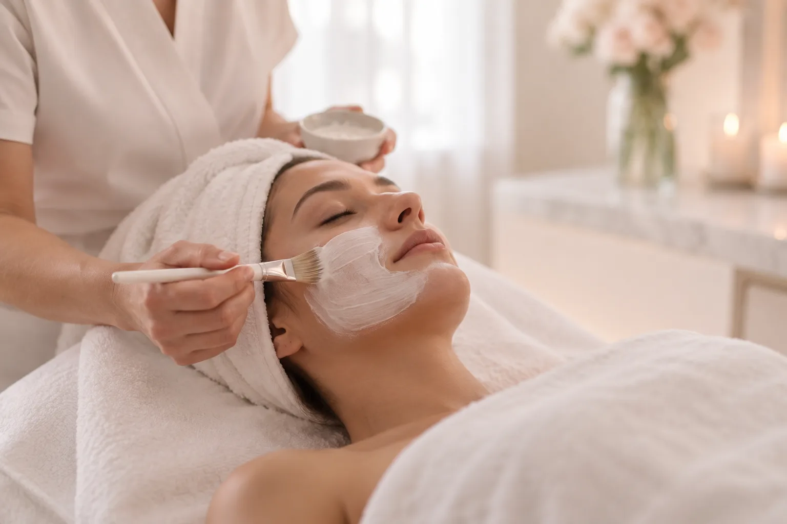 Illustrative treatment photography: A soft cream mask being applied to the cheek with a flat brush