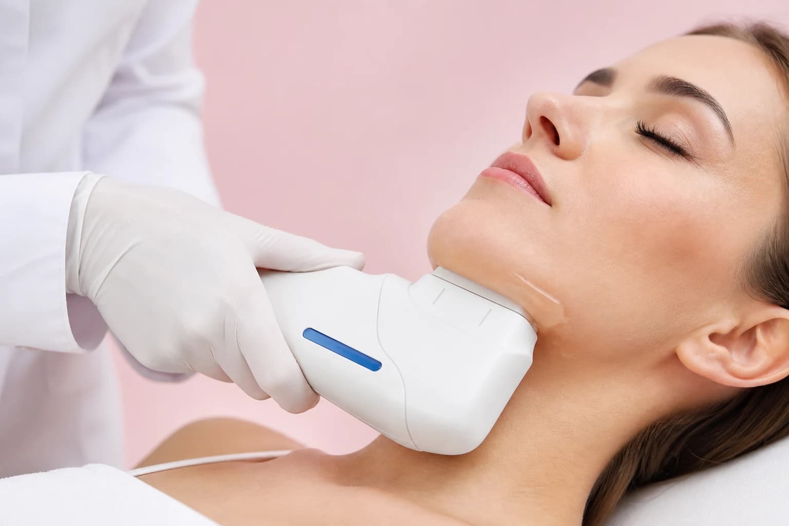Illustrative treatment photography: Ultraformer III focused ultrasound facial treatment
