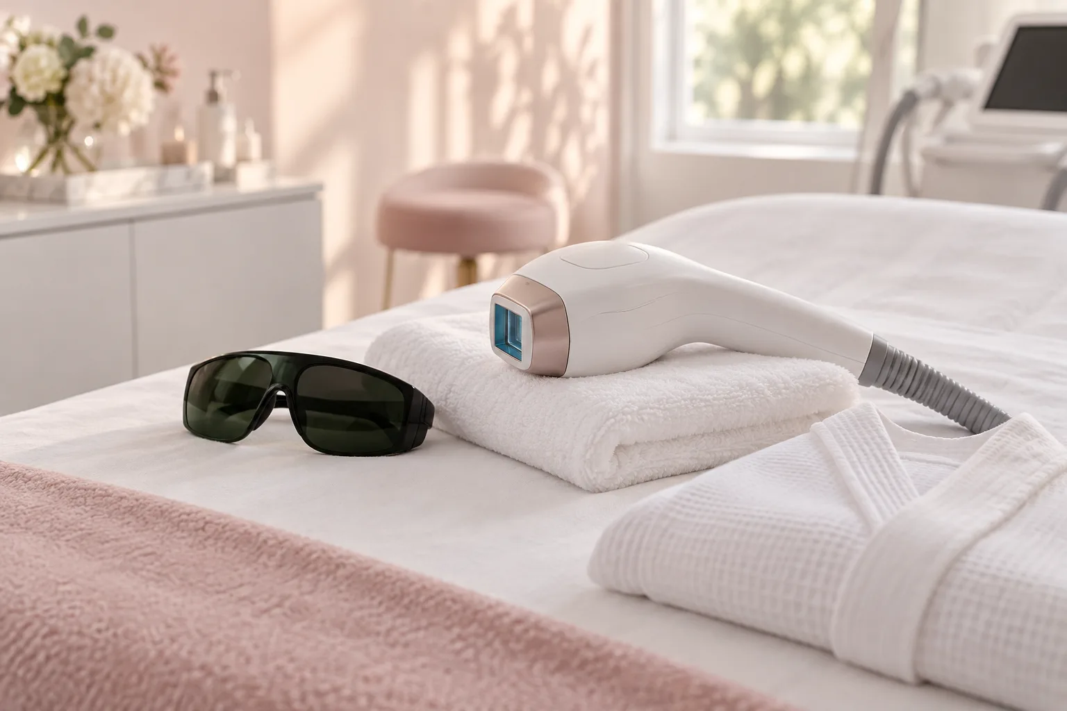 Illustrative treatment photography: A laser handpiece and goggles on a treatment bed, seen from above