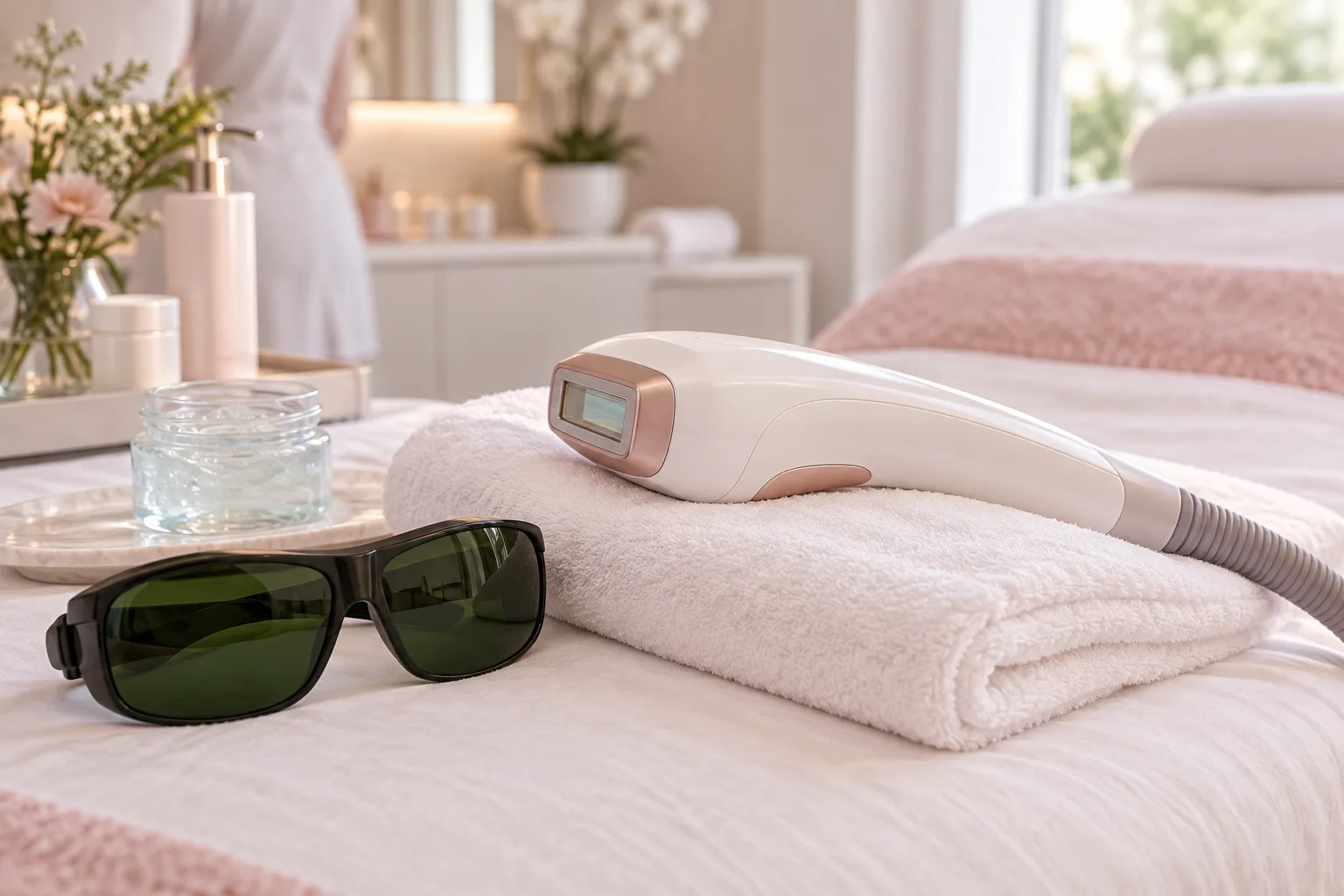 Illustrative treatment photography: A laser handpiece and cooling gel on a treatment bed in a calm room