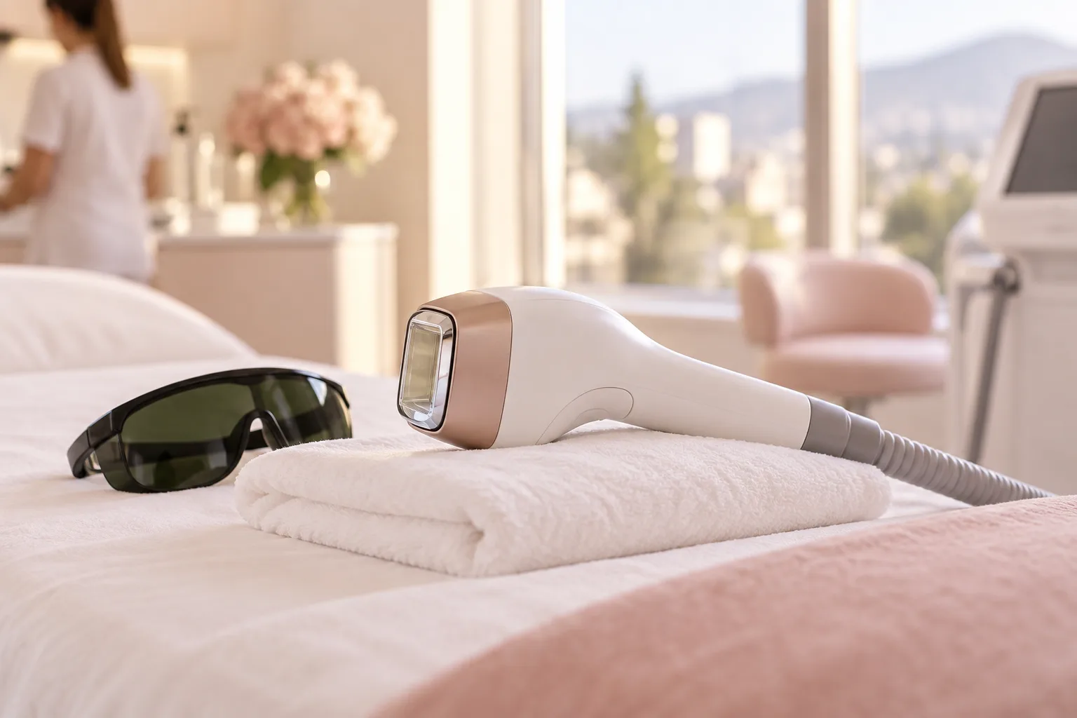 Illustrative treatment photography: A laser handpiece on a treatment bed with window light behind