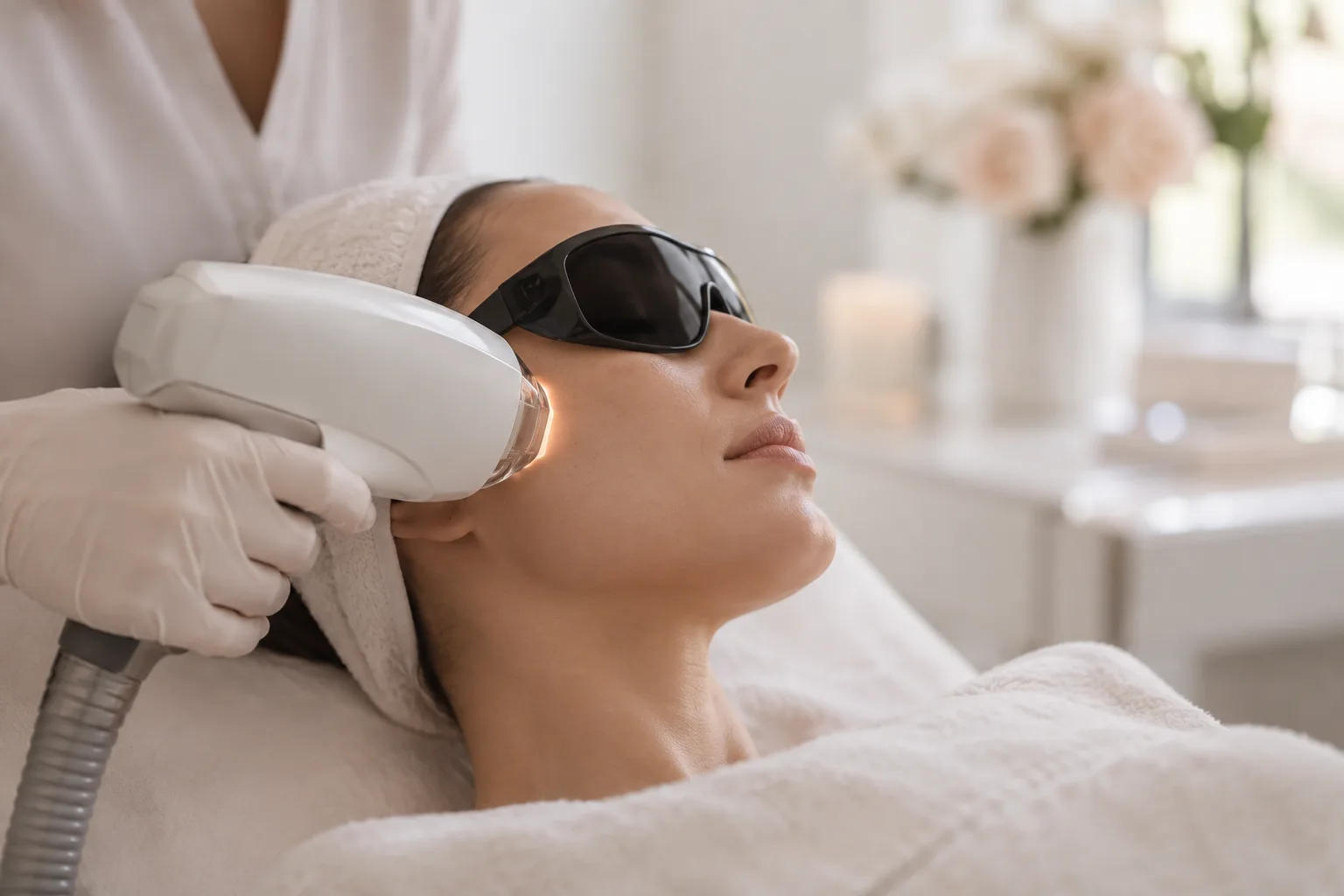 Illustrative treatment photography: A laser handpiece held near the cheek, protective goggles on