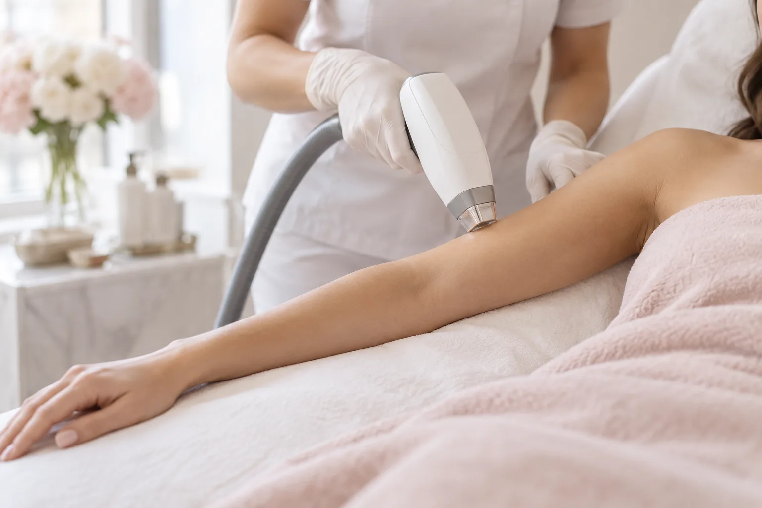 Illustrative treatment photography: A laser handpiece held near an outstretched arm on a treatment bed