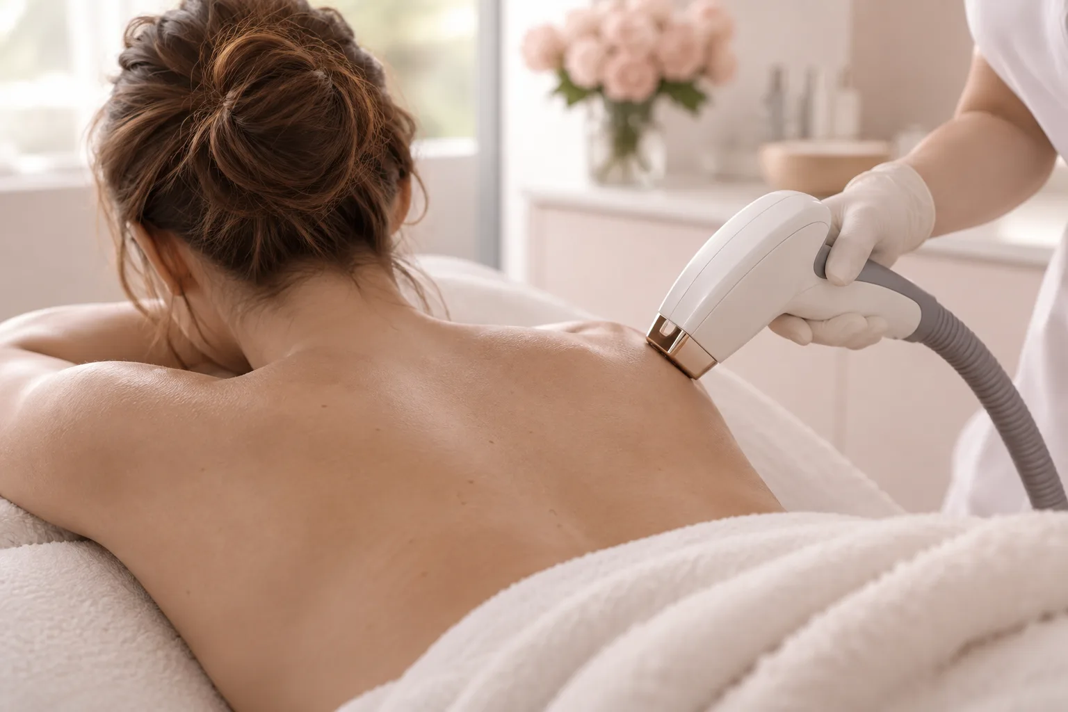 Illustrative treatment photography: A laser handpiece held near the shoulder blade of a client seen from behind