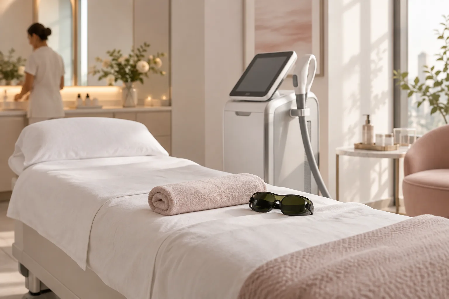 Illustrative treatment photography: A laser treatment room with the bed made, goggles and a towel laid out