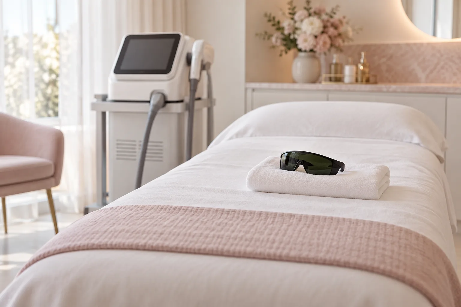 Illustrative treatment photography: A treatment bed with a laser device, goggles and a folded towel