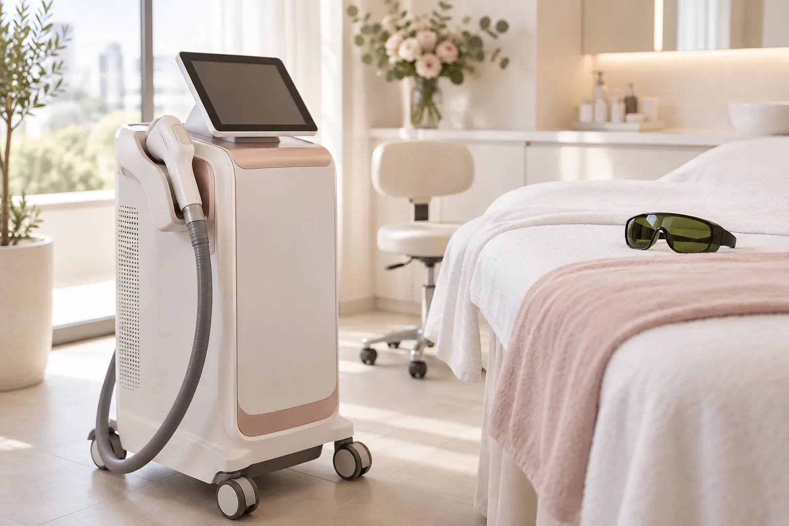 Illustrative treatment photography: A laser device on its cart beside a treatment bed