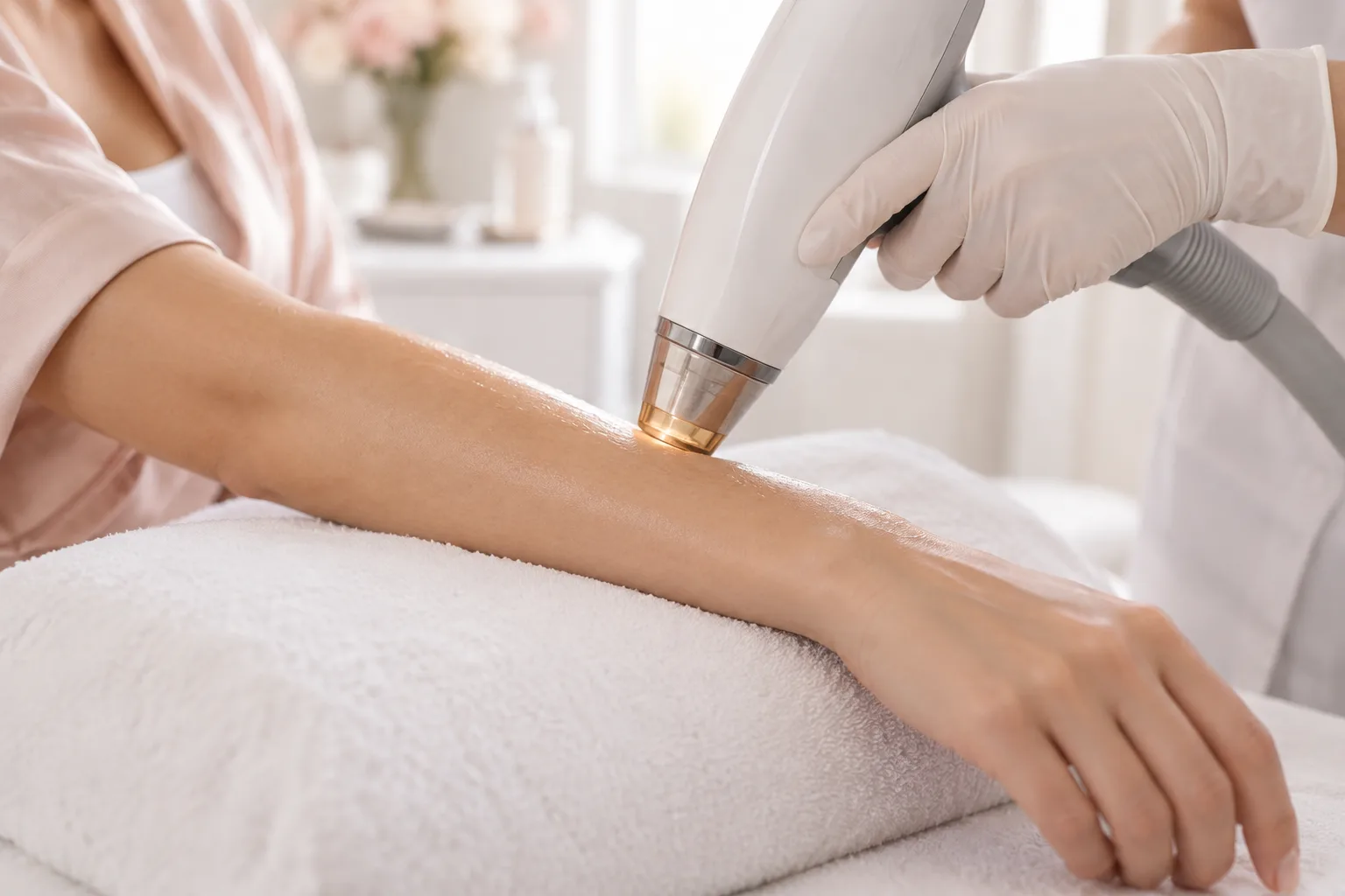 Illustrative treatment photography: A laser handpiece guided along a forearm on a white towel