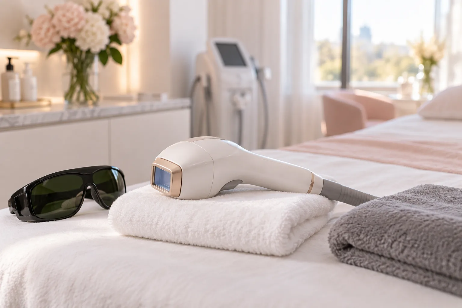 Illustrative treatment photography: A laser handpiece beside a folded grey towel with window light behind