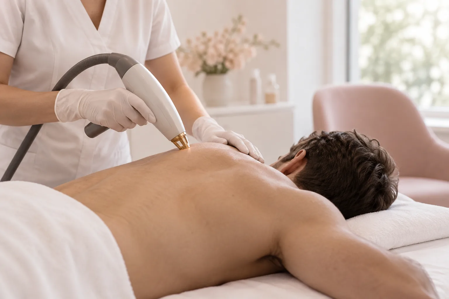 Illustrative treatment photography: A laser handpiece held near the shoulder of a client seen from the side