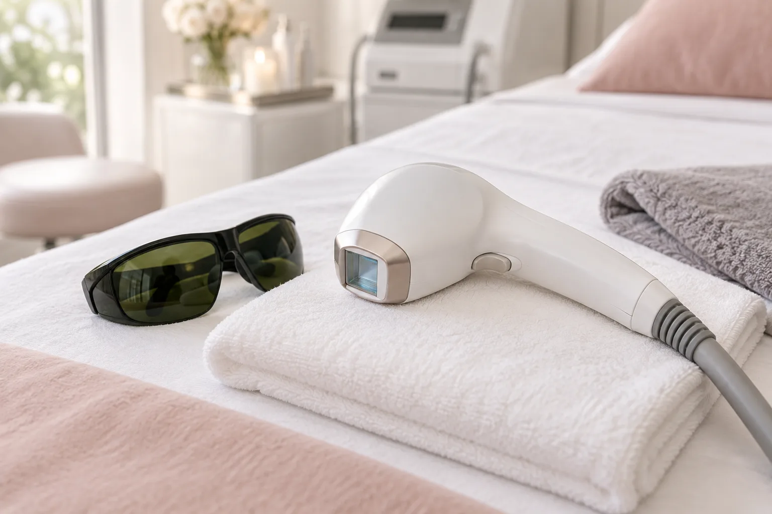 Illustrative treatment photography: A laser handpiece beside a folded grey towel, seen from above