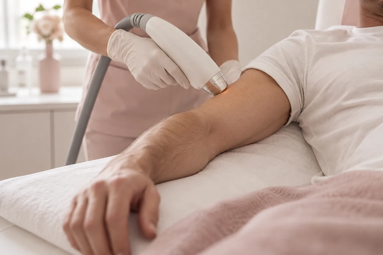 Illustrative treatment photography: A laser handpiece held near the upper arm on a treatment bed