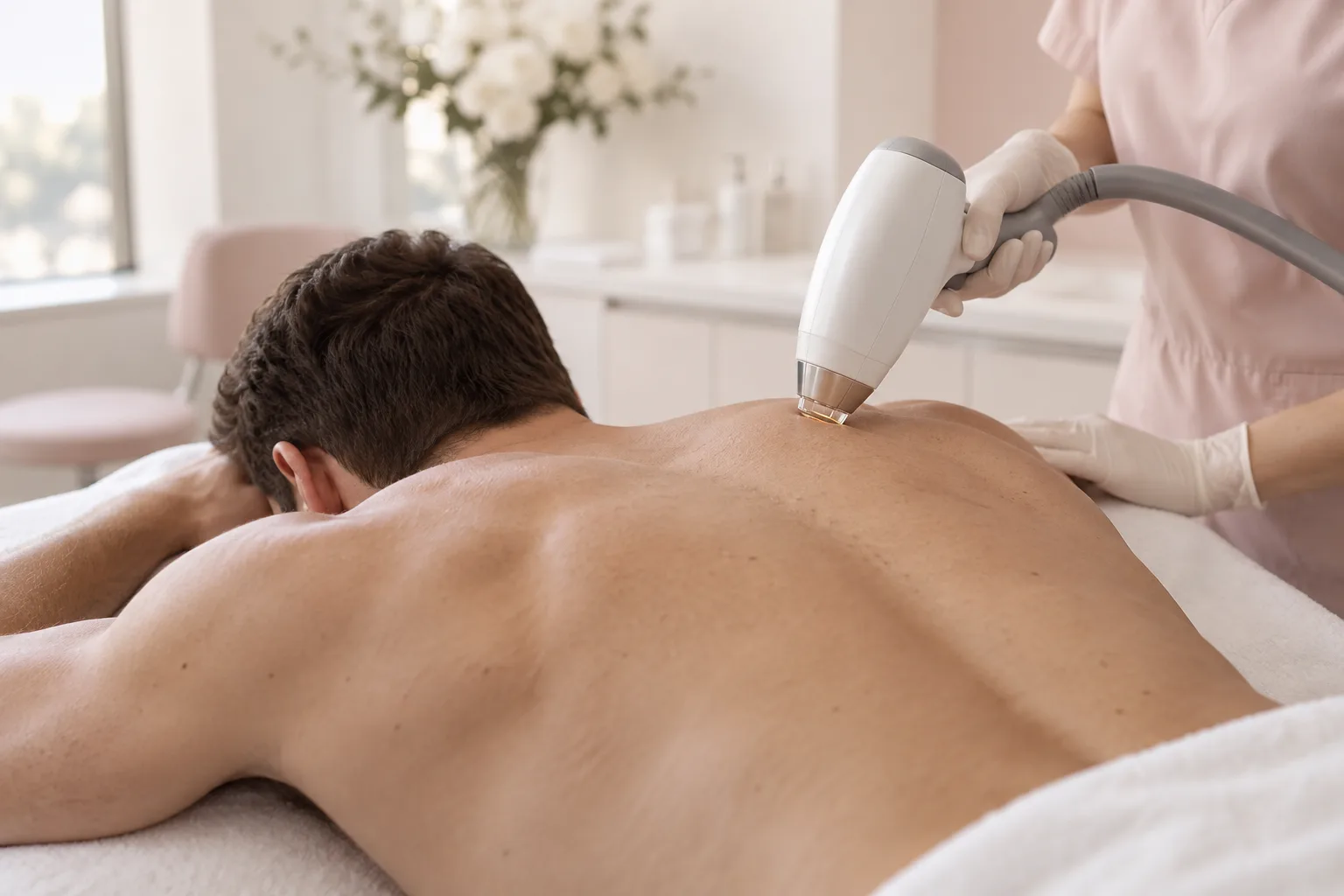 Illustrative treatment photography: A laser handpiece held near the shoulder blade of a client seen from behind