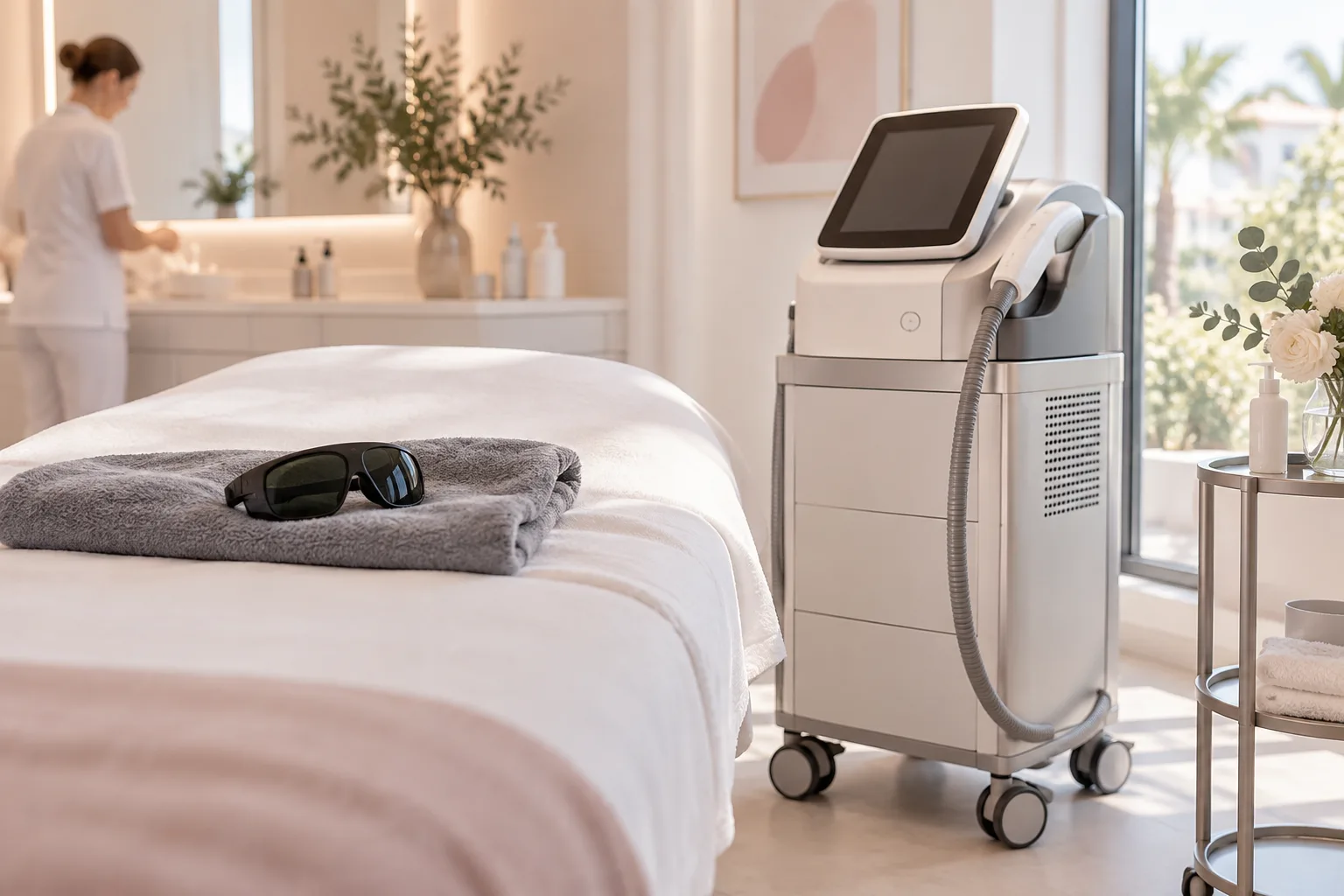 Illustrative treatment photography: A laser device on its cart beside a treatment bed, towel laid out
