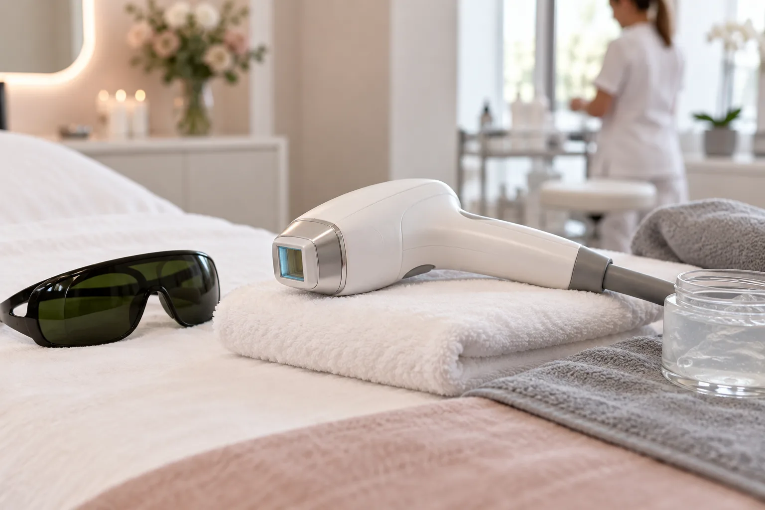 Illustrative treatment photography: A laser handpiece with a grey towel and cooling gel in a calm treatment room