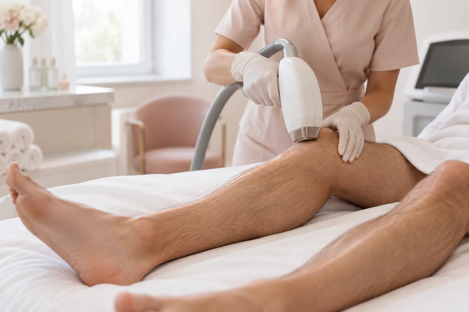 Illustrative treatment photography: A laser handpiece held near the shin on a treatment bed