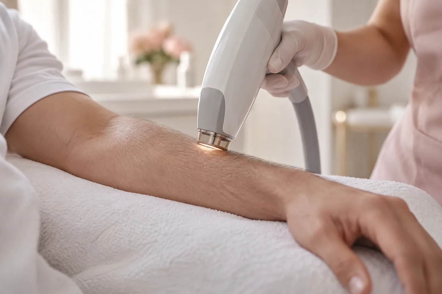 Illustrative treatment photography: A laser handpiece guided along a forearm on a white towel