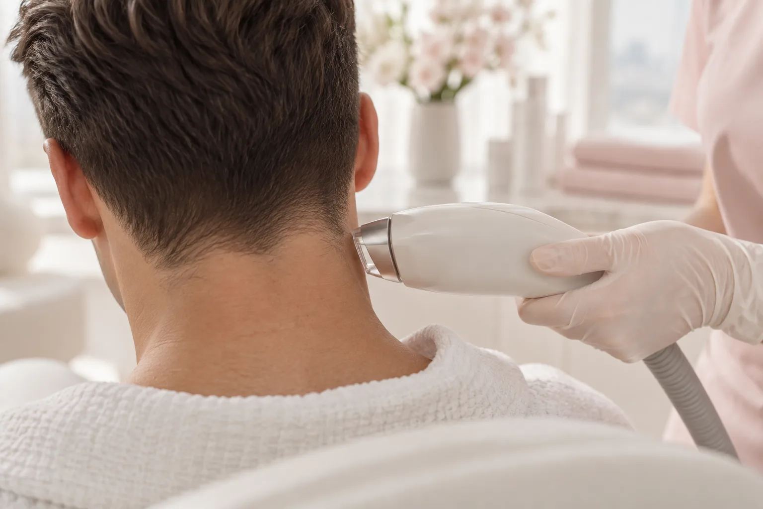 Illustrative treatment photography: A laser handpiece held near the back of the neck and hairline