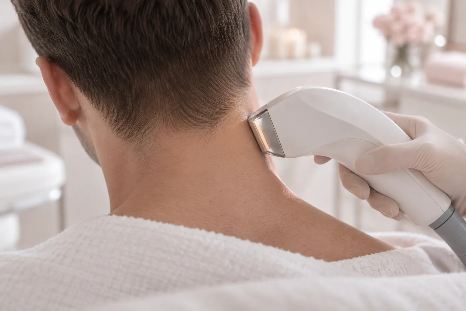Illustrative treatment photography: A laser handpiece held near the neckline below a short haircut