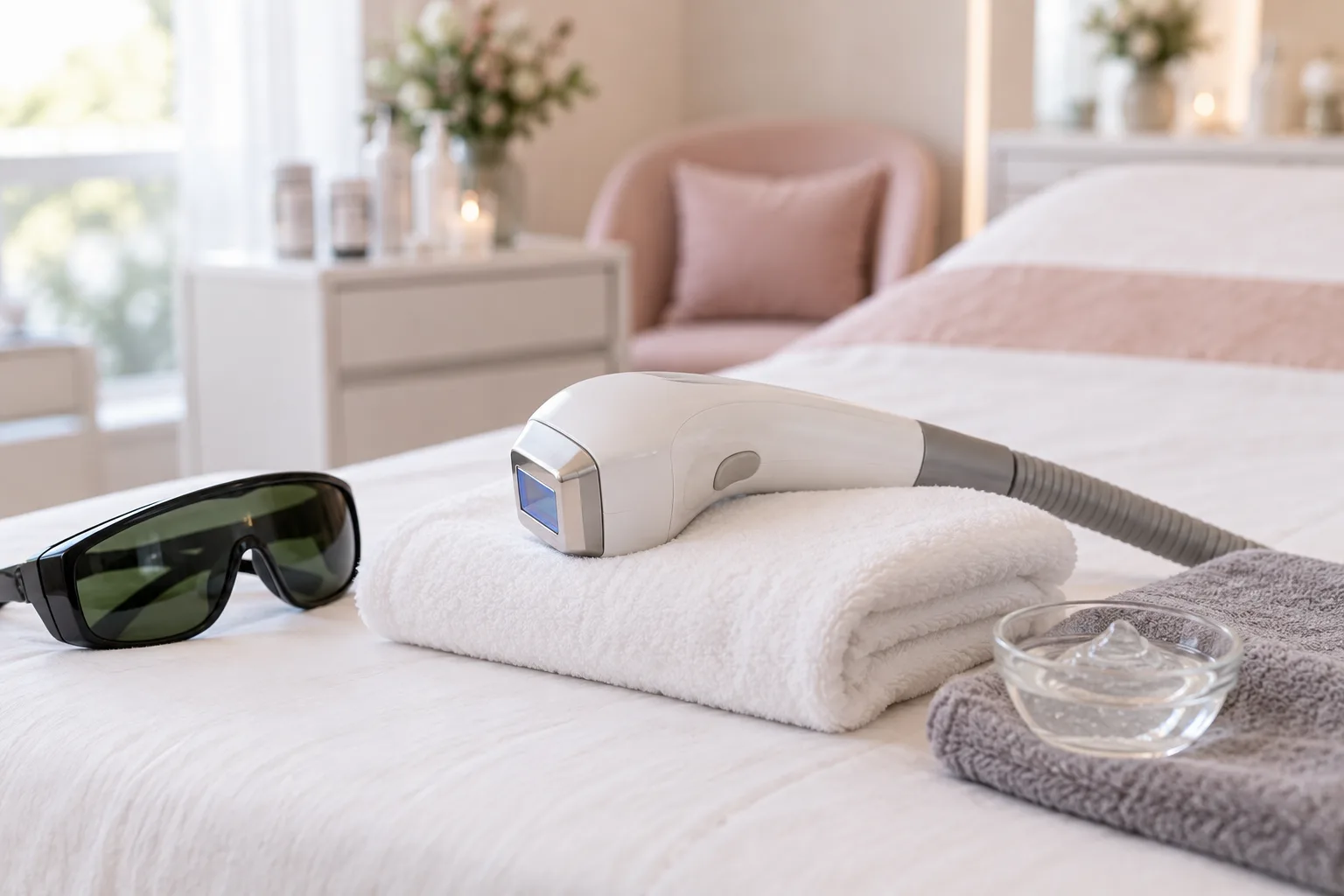 Illustrative treatment photography: A laser handpiece with a grey towel and cooling gel in a calm treatment room
