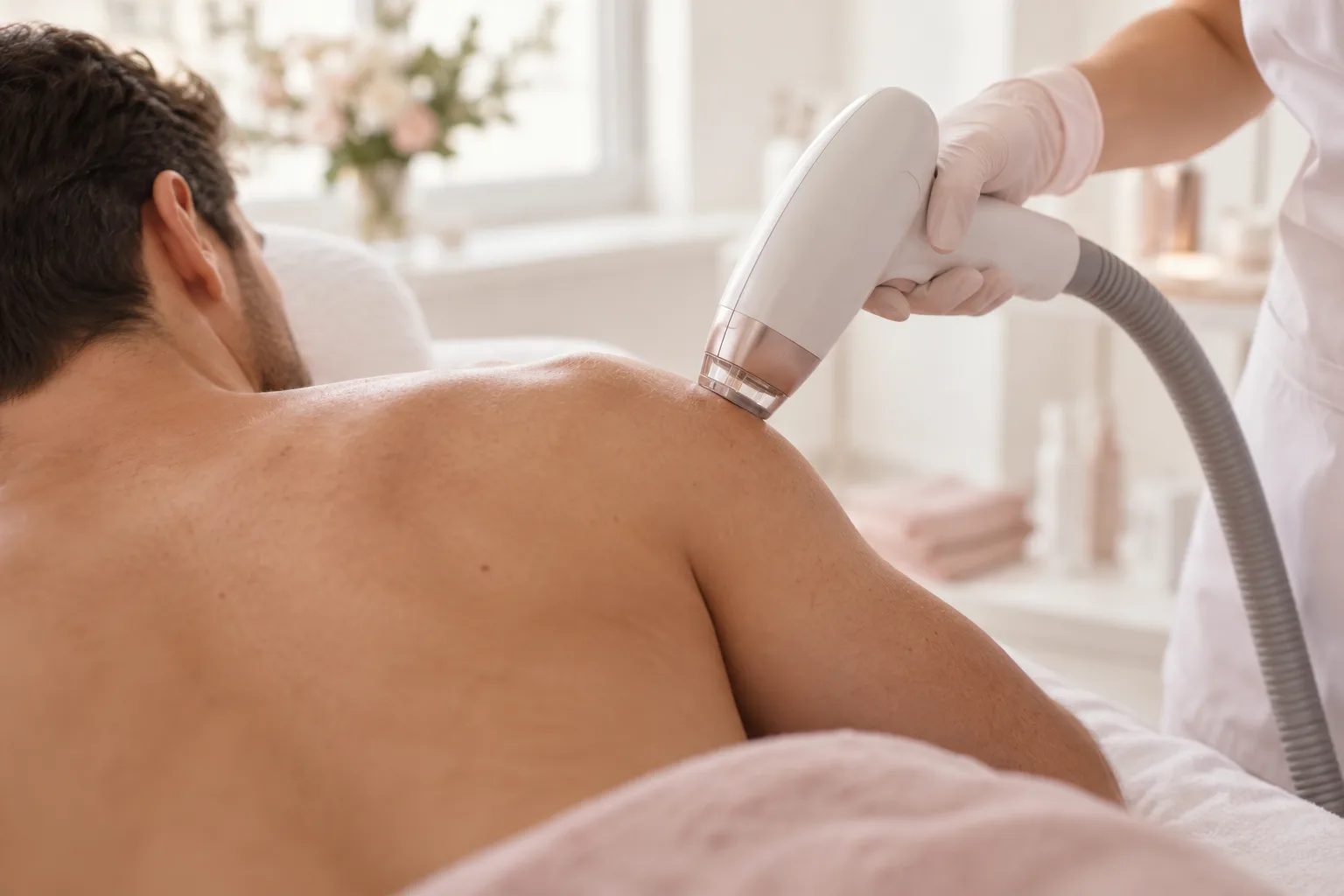 Illustrative treatment photography: A laser handpiece held near the shoulder, seen from behind