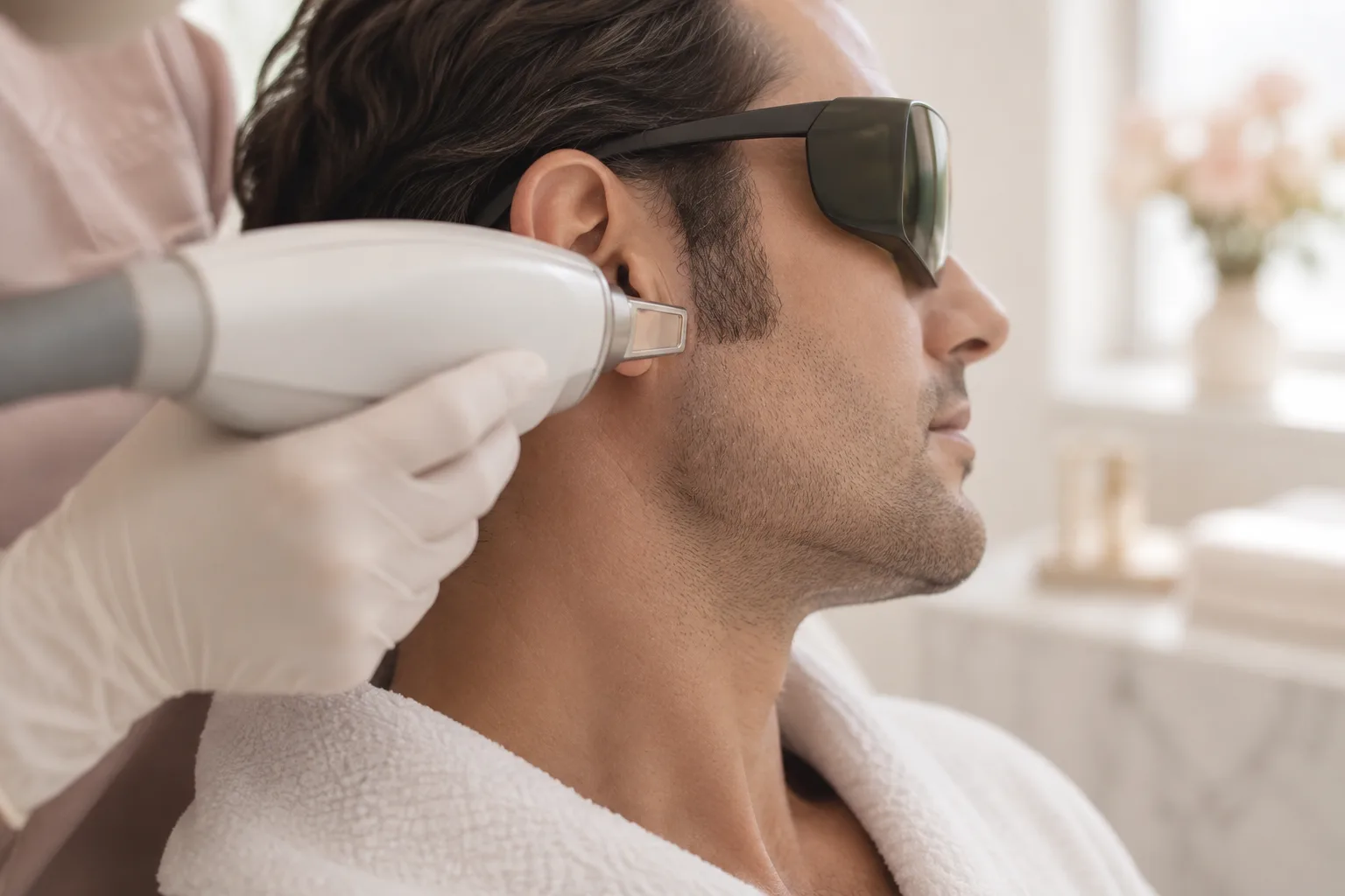 Illustrative treatment photography: A laser handpiece held near the sideburn, goggles on