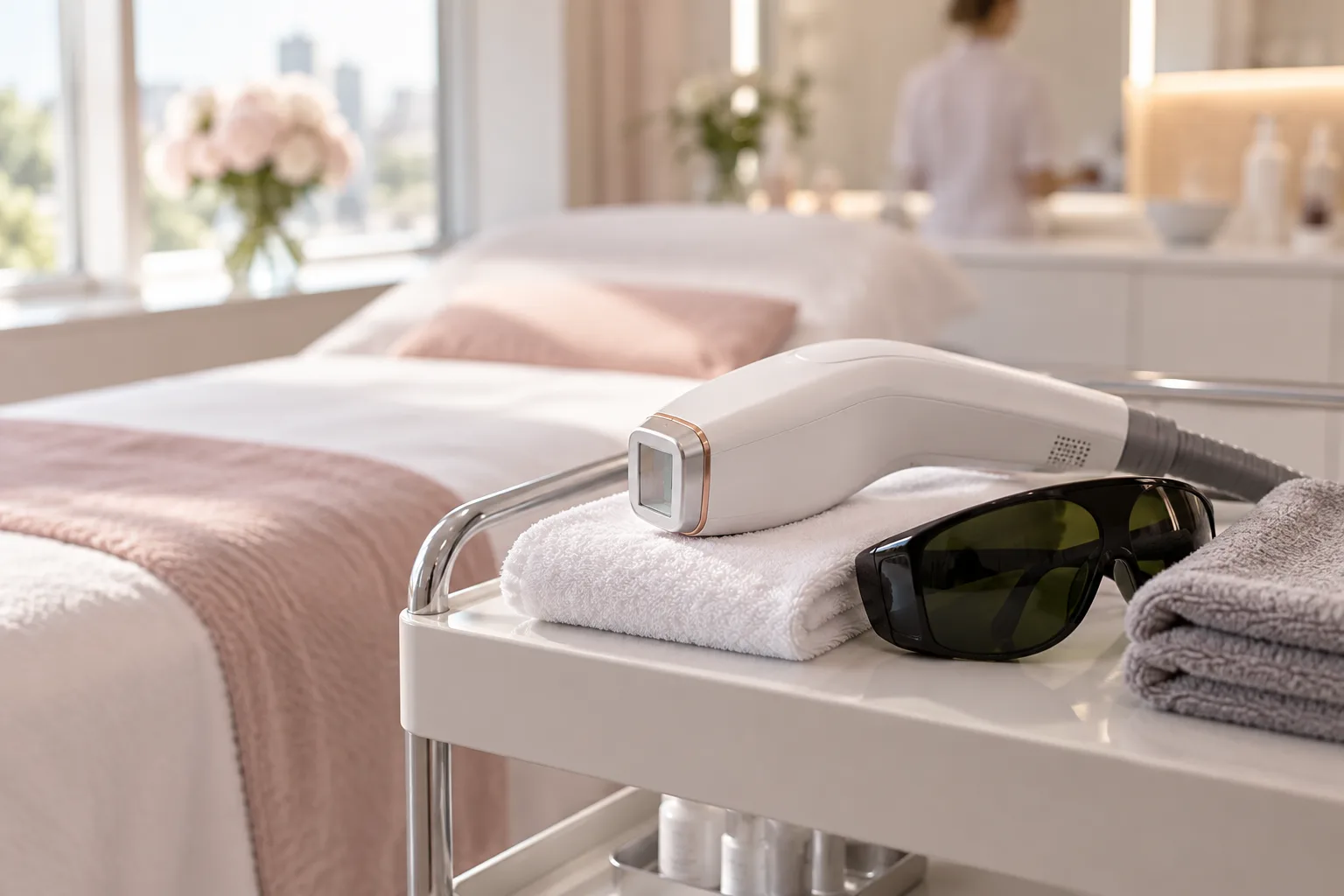 Illustrative treatment photography: A laser device on its cart beside the bed, goggles laid out