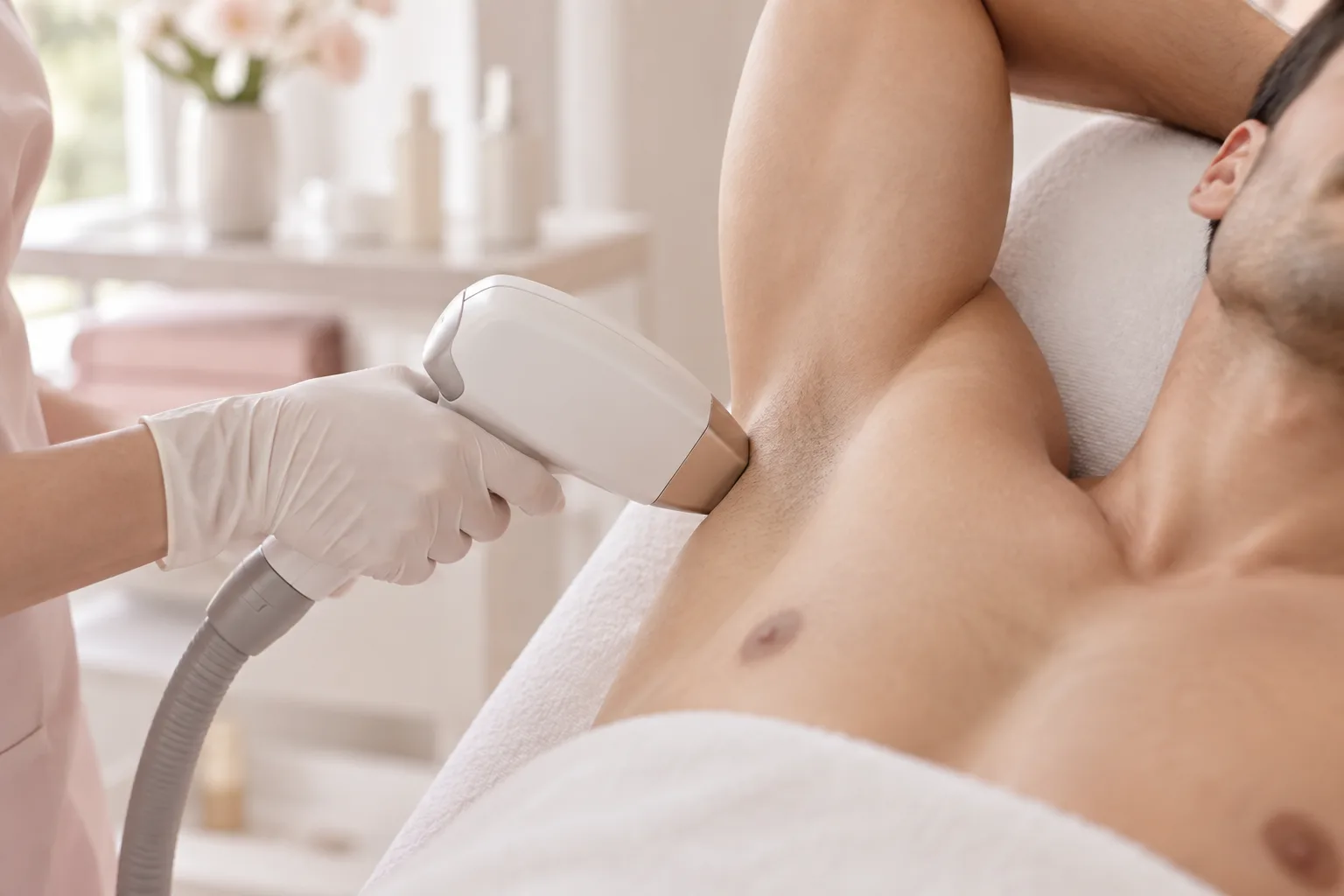 Illustrative treatment photography: A laser handpiece held near the underarm of a raised arm on a treatment bed