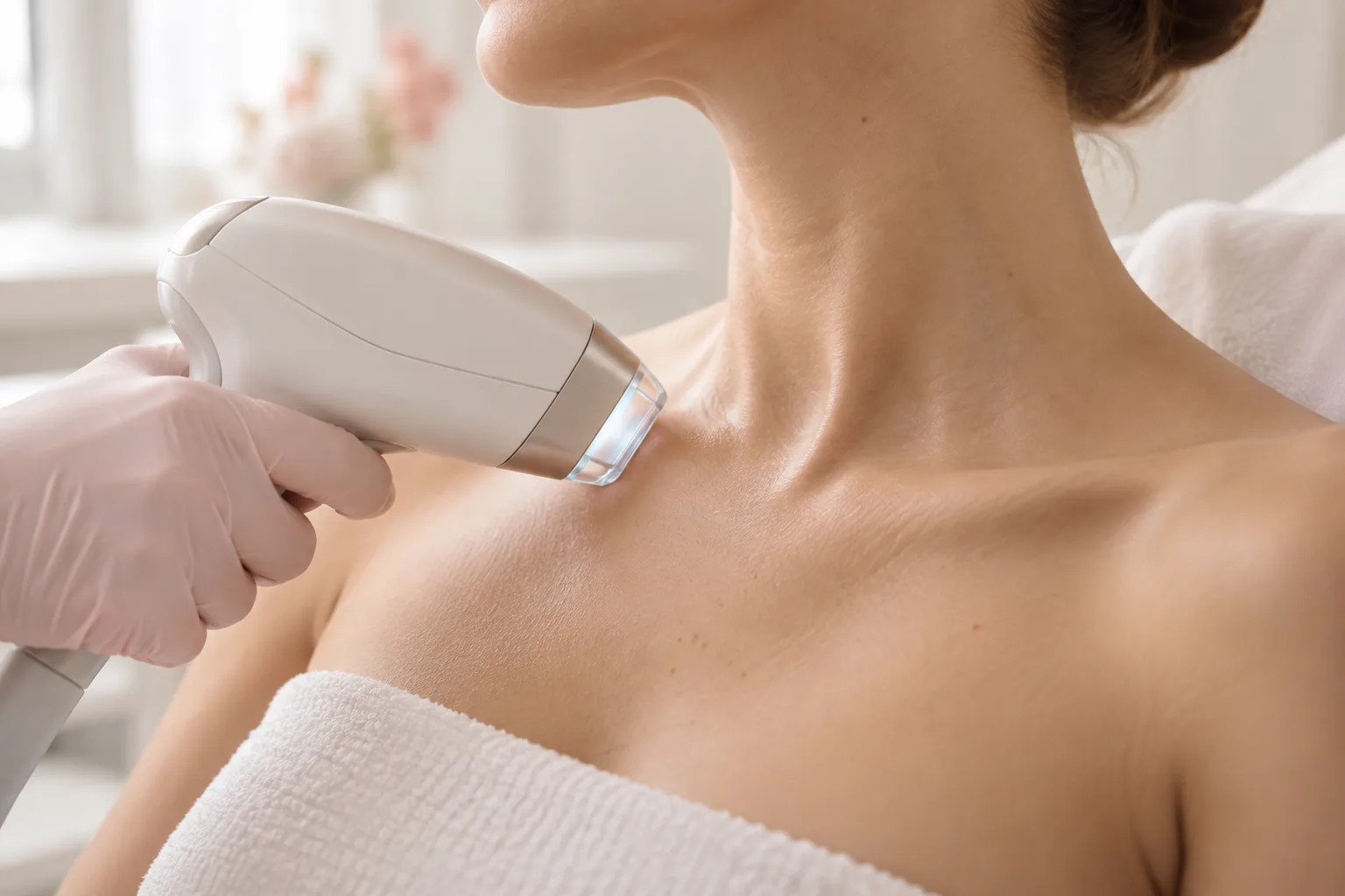 Illustrative treatment photography: A laser handpiece with a cooled tip held near the neck