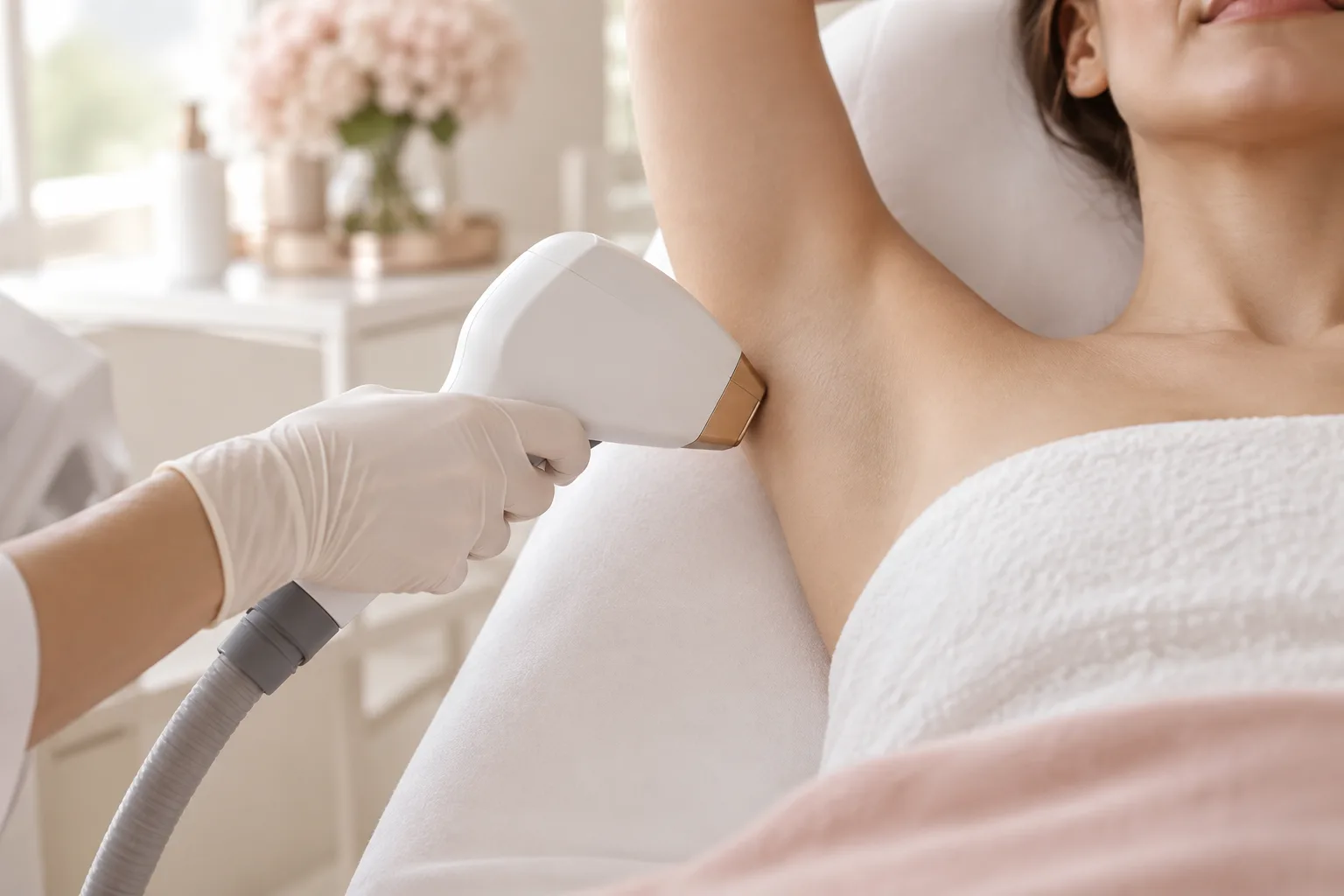 Illustrative treatment photography: A laser handpiece held near the underarm of a raised arm on a treatment bed