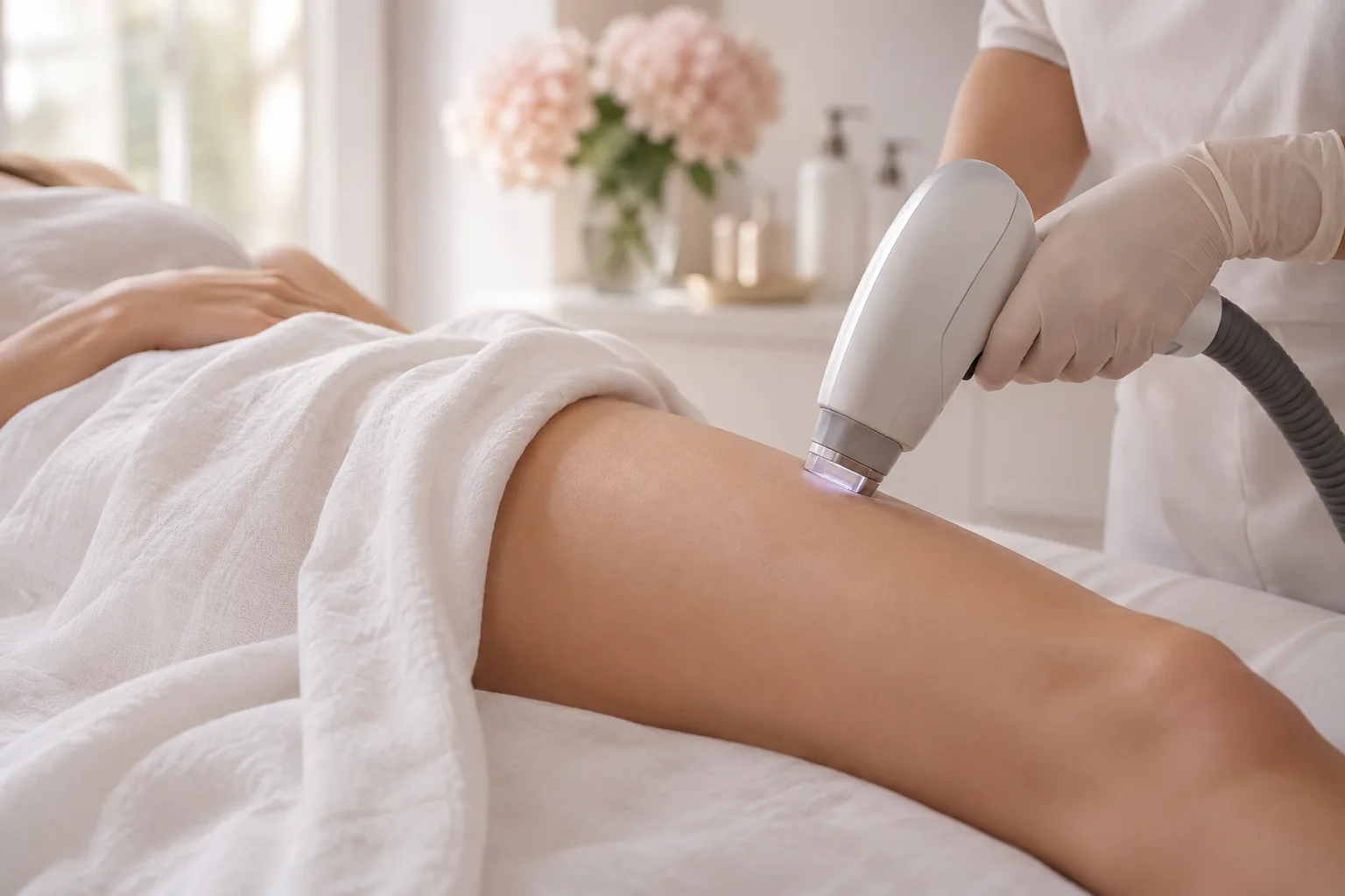 Illustrative treatment photography: A laser handpiece held near the thigh under a linen drape