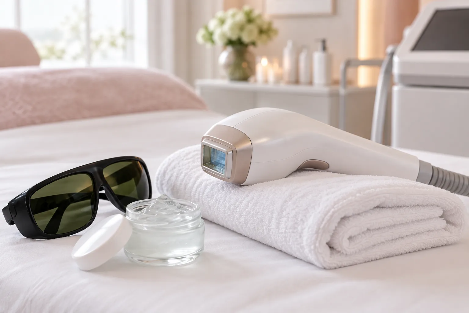 Illustrative treatment photography: A laser hair-removal handpiece resting on a folded towel