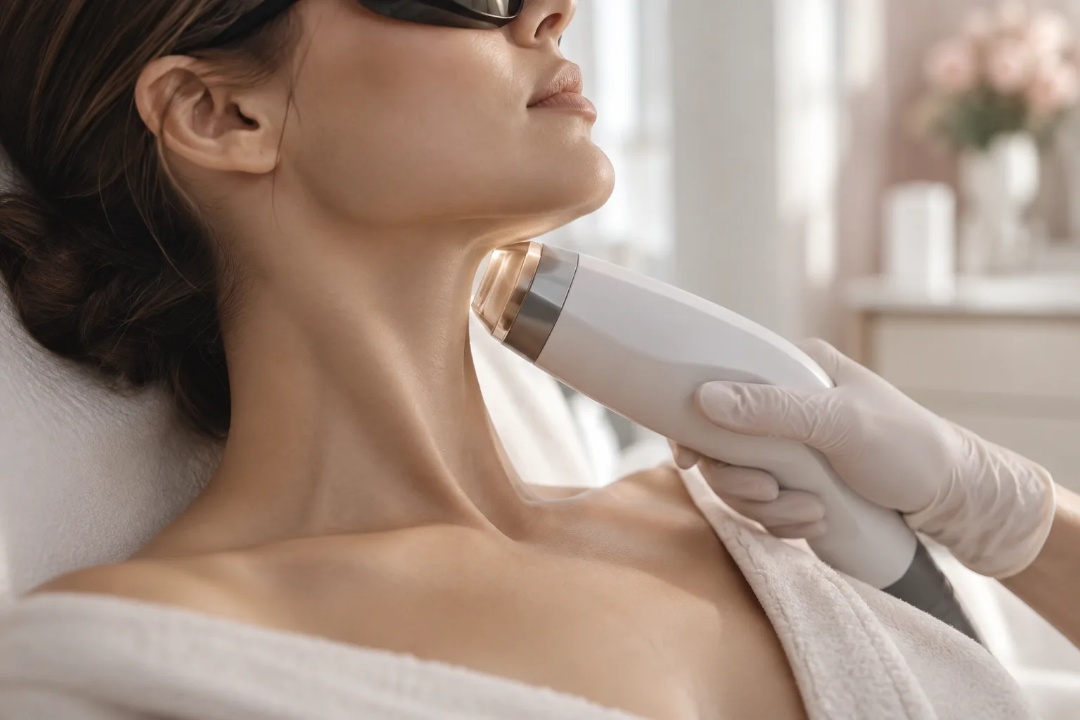 Illustrative treatment photography: A laser handpiece held near the neck and jawline, protective goggles on