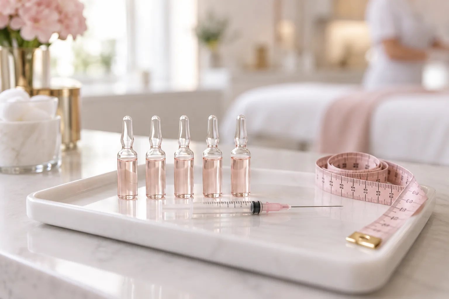 Illustrative treatment photography: Lipolytic mesotherapy ampoules and a syringe beside a coiled measuring tape