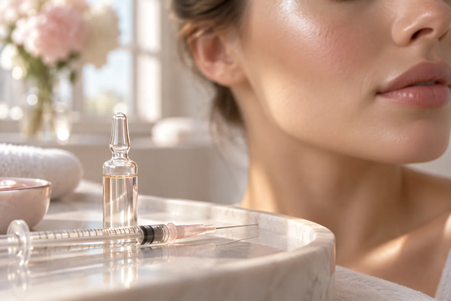 Illustrative treatment photography: Luminous facial skin with a mesotherapy syringe and ampoule in the foreground