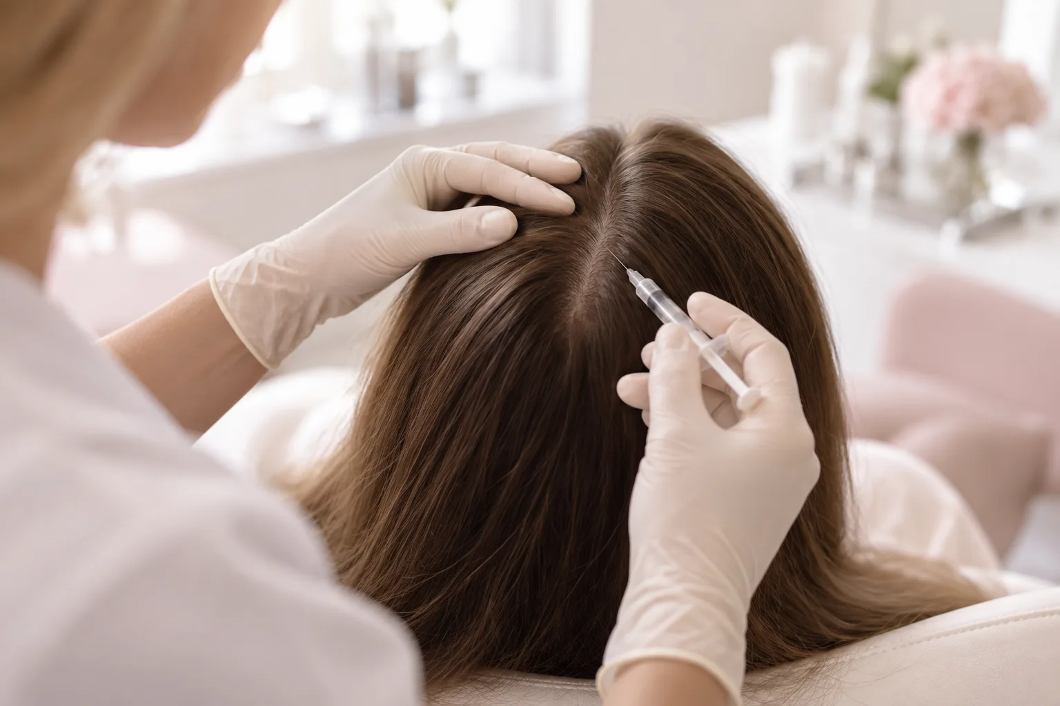 Illustrative treatment photography: A fine mesotherapy needle held near the parting of a client's hair